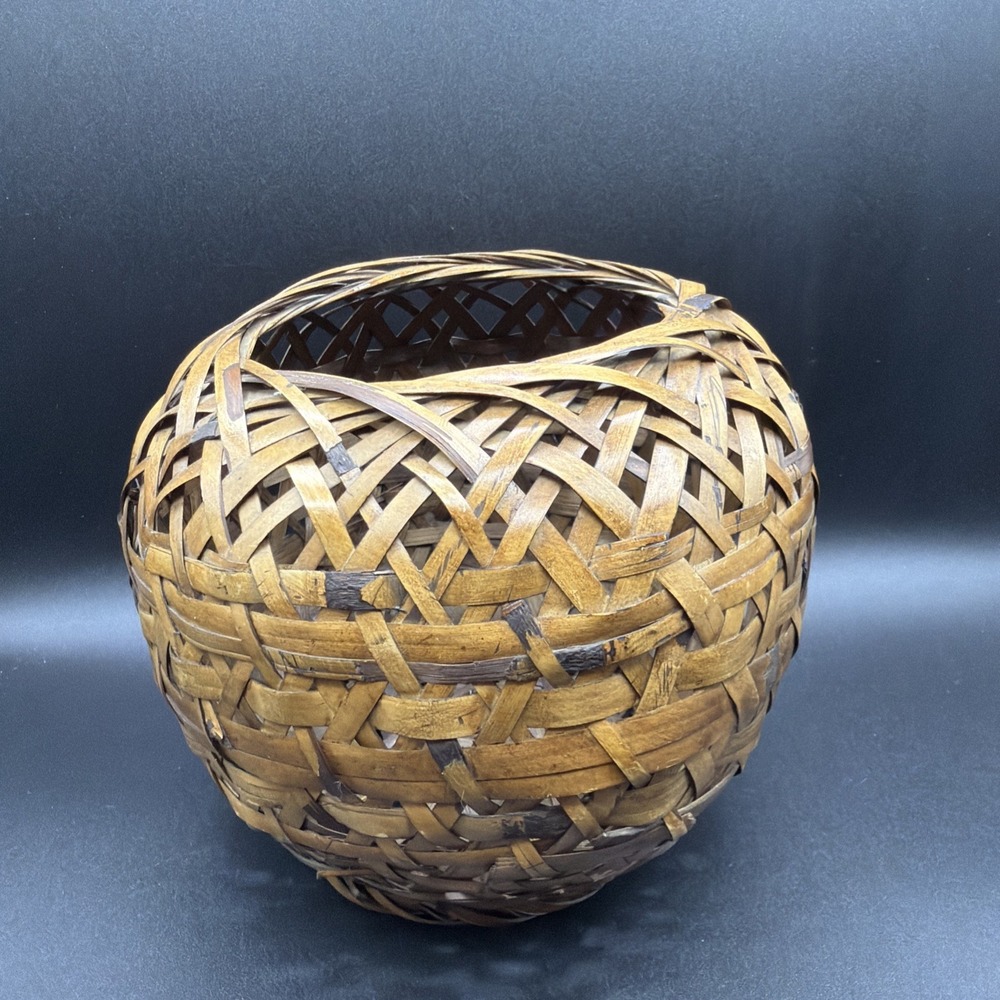 Vintage Asian Hand Woven Bamboo Natural Wood Basket 6.5"